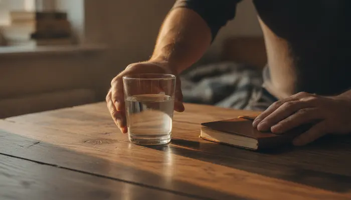 Close-up POV of a man's hands gently setting down a clear glass tumbler of water on a rustic dark oak table beside a ...