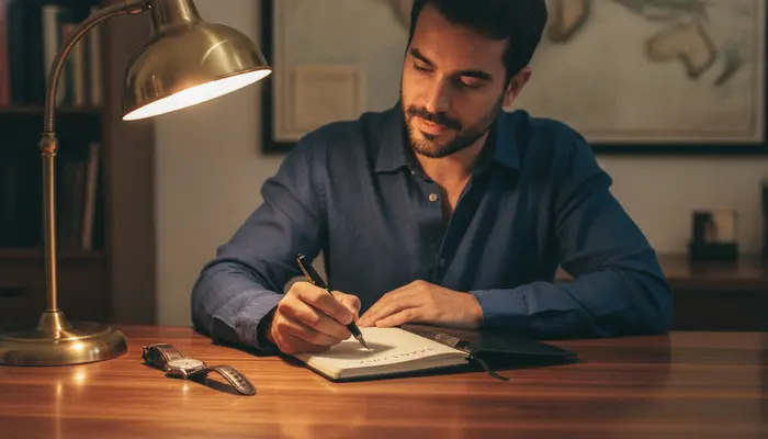 A 34-year-old Brazilian man sitting at a solid walnut desk in the evening, with a vintage stainless steel mechanical ...