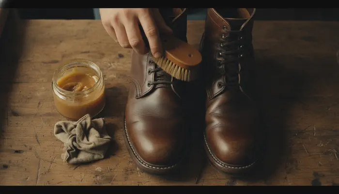 Overhead close view of a man's hands conditioning a pair of rugged Goodyear-welted dark brown leather boots on a rust...
