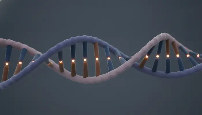 High-end scientific 3D biological visualization of a human DNA double helix strand representing androgenetic heredity...