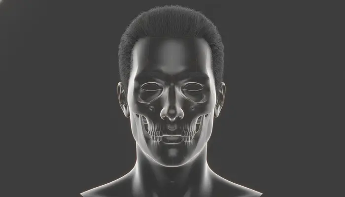 Sophisticated 3D architectural and anatomical visualization of male cranial structure and hairline visagism geometry....