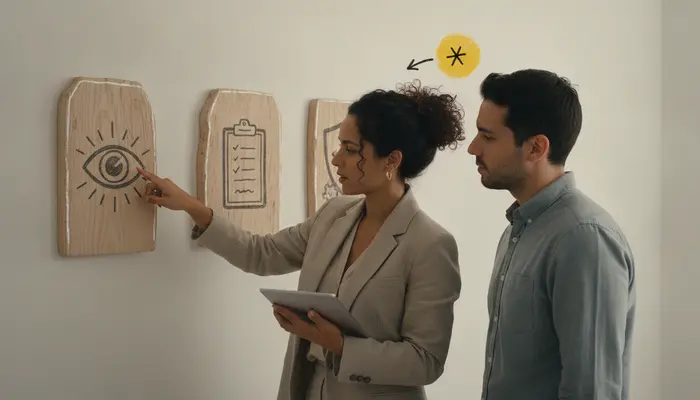 Detailed 16:9 editorial photograph of a Brazilian company founder and a product manager reviewing a simple phased rol...