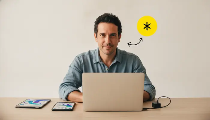 Premium editorial 16:9 photograph, centered Brazilian entrepreneur in his late 30s confidently using a laptop at a mi...