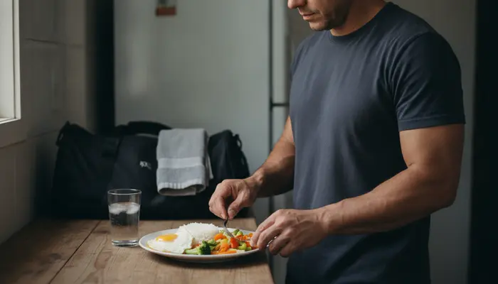 Photorealistic editorial lifestyle photograph, 16:9. A Brazilian man in his 30s in a modest, realistic home kitchen a...