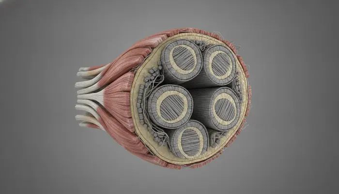 Scientific editorial 3D macro visualization, 16:9, of skeletal muscle fibers in cross-section with detailed myofibril...