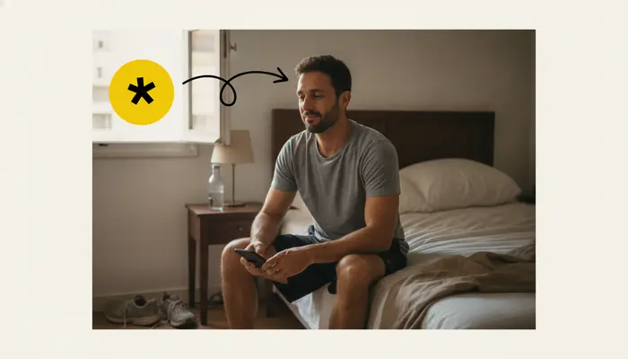 Photorealistic editorial lifestyle photograph, 16:9. Close documentary scene of a man in his 30s winding down after a...