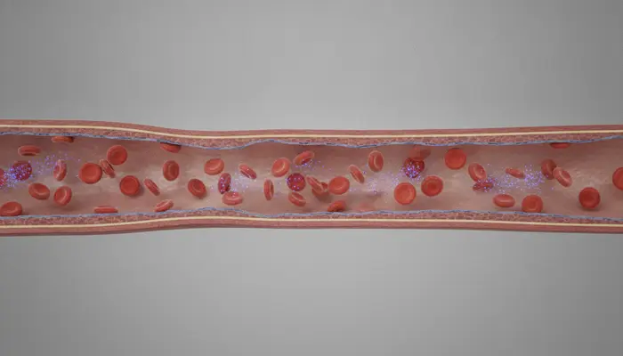 Scientific editorial 3D cross-section visualization of a human blood vessel with relaxed smooth muscle and red blood ...
