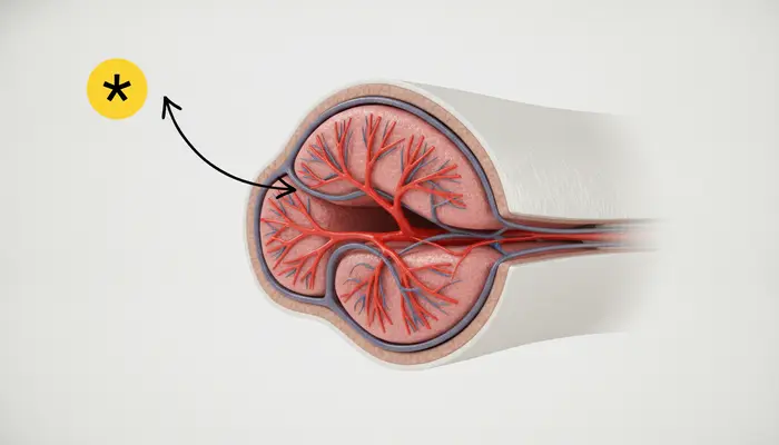 High-quality scientific anatomical 3D medical illustration explaining penile blood flow during erection, anatomically...