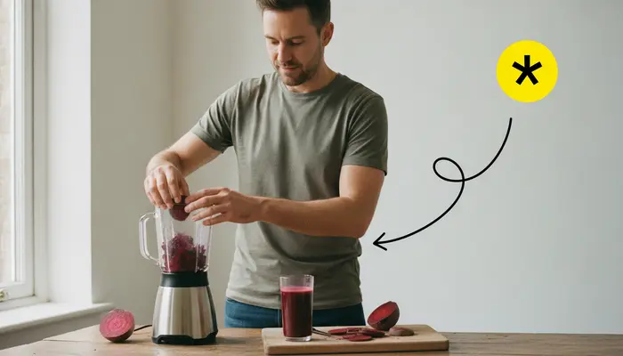 Documentary 35mm food photography of a man preparing fresh beetroot juice in a home kitchen, sliced raw beetroot, gla...