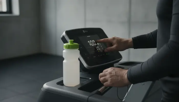 Full-bleed documentary sports photograph, close-up POV of a man's hands adjusting the settings on a treadmill beside ...