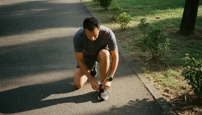 Full-bleed editorial sports photograph, high-angle view of a Brazilian man in his 30s tying dark running shoes at the...