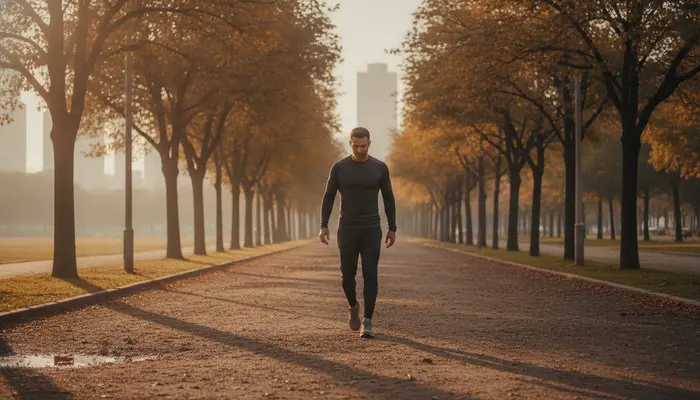 Full-bleed authentic editorial sports photography, wide shot of a Brazilian man in his 30s walking purposefully on a ...