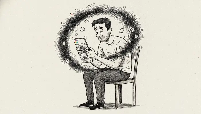 Hand-drawn newspaper editorial cartoon, 16:9 landscape. A Brazilian man sits on the edge of a chair, shoulders tense,...