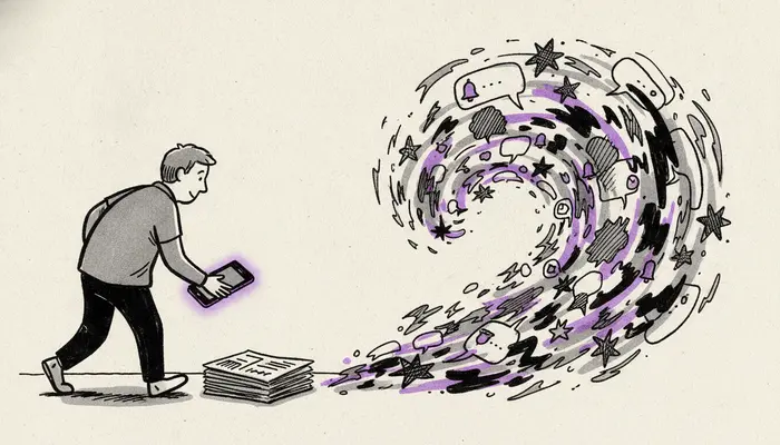 Hand-drawn newspaper editorial cartoon, 16:9 landscape. A person calmly places a smartphone face down beside a small ...
