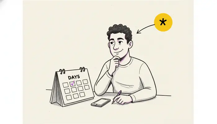 Hand-drawn newspaper editorial cartoon, 16:9 landscape. A seven-day calendar on a desk with seven simple hand-drawn s...