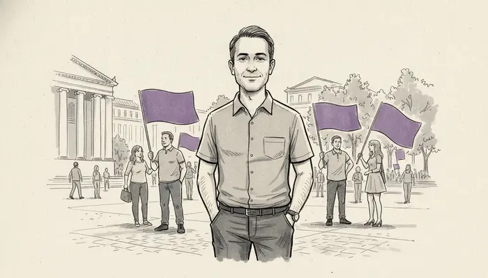 Hand-drawn newspaper editorial cartoon, 16:9 landscape. A Brazilian man stands outdoors in a calm public square, phon...