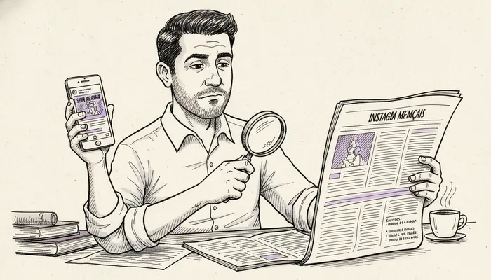 Hand-drawn newspaper editorial cartoon, 16:9 landscape. A Brazilian adult man holds a phone with a generic Instagram-...