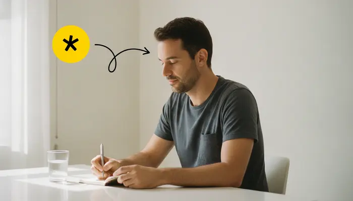 Photorealistic editorial image of a Brazilian man in his late 30s writing simple sleep and mood notes in a small note...