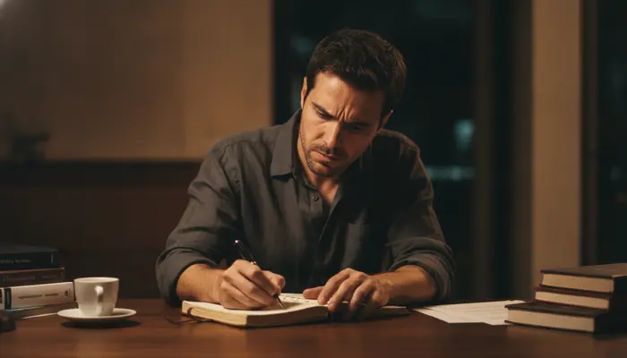 Full-bleed authentic cinematic photography, 35mm film still, shot on Leica M11. A 33-year-old Brazilian man sitting a...