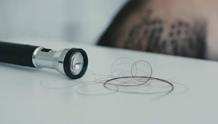 Editorial close-up still life of a dermatologist's trichoscopy examination: a realistic magnifying dermatoscope besid...