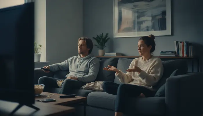 A couple in their 30s sitting on opposite ends of a sofa after watching a romantic film, one holding a remote while t...