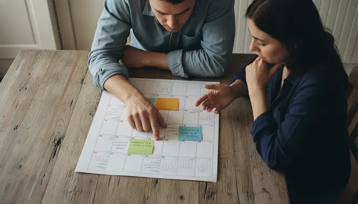 Close-up of two partners reviewing a shared calendar at a kitchen table, one points to a real household plan while th...