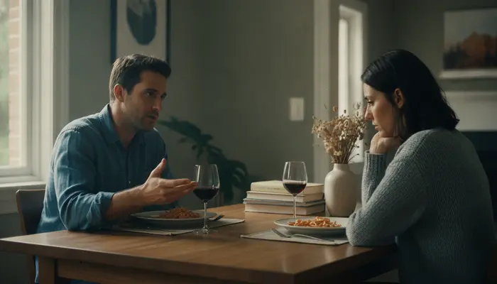 A couple calmly discussing a disagreement at a dining table, one person speaking with an open hand and the other list...