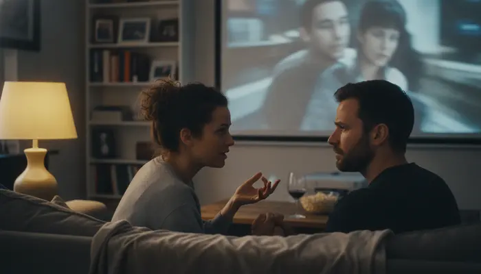 A man and woman watching a film from a side angle, their attention shifting from the screen to an honest conversation...
