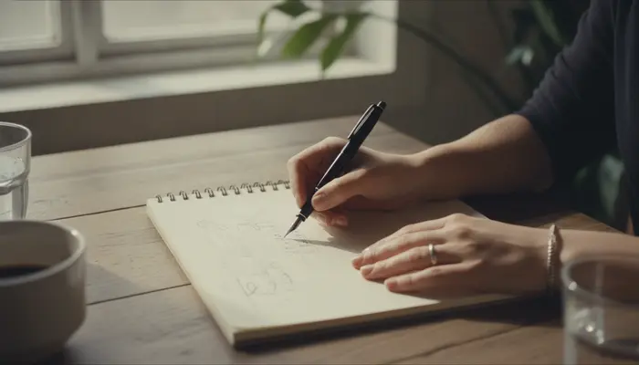 Two partners writing down shared priorities at a table, close-up of hands and pen over a simple notebook, natural win...