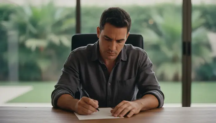A thoughtful Brazilian man in his late 30s seated at a wooden desk, reading a handwritten list and pausing with a pen...