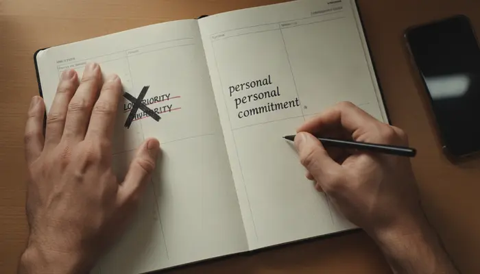 Tactile close-up of a man's hands crossing out a low-priority task and writing a personal commitment in a planner bes...