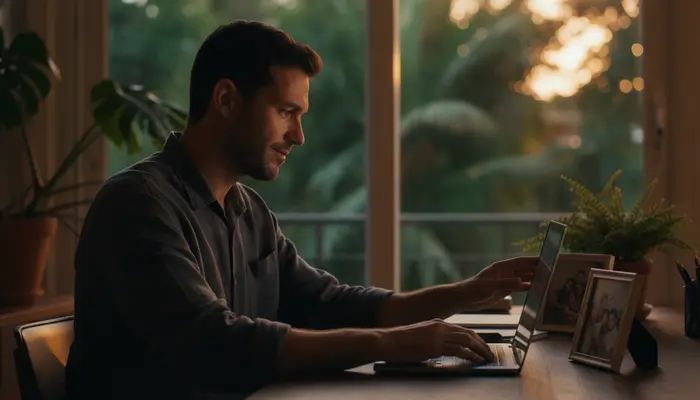 A tired professional closing a laptop at dusk while reaching for a family photo on the desk, side profile three-quart...