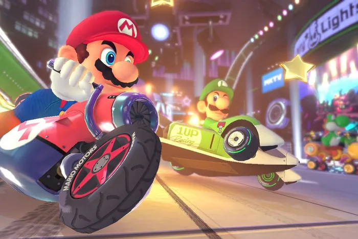 Imagem do jogo Mario Kart 8 com os irmãos Mario e Luigi