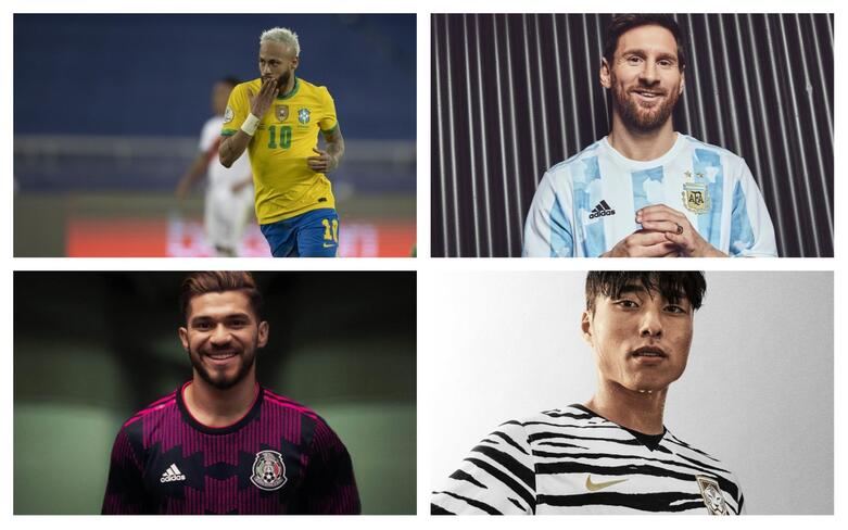 colagem com as novas camisas das seleções brasileira, argentina, sul-coreana e mexicana de 2021